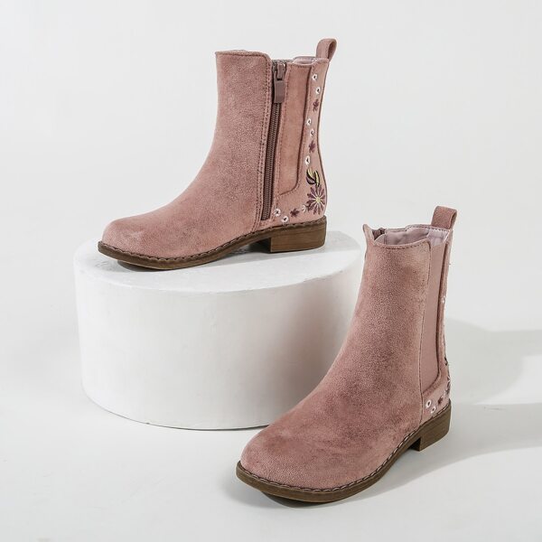 

Girls Floral Embroidery Block Heeled Boots, Dusty pink
