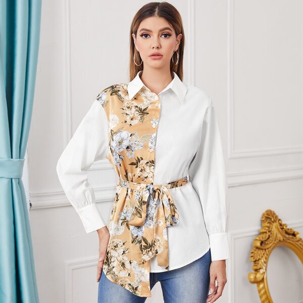 

Single Breasted Floral Print Spliced Blouse, Multicolor