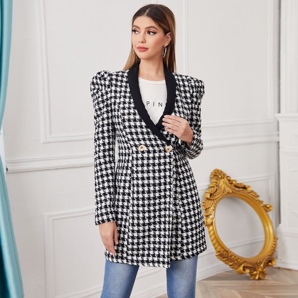 

Shawl Collar Puff Sleeve Double Button Houndstooth Tweed Blazer, Black and white