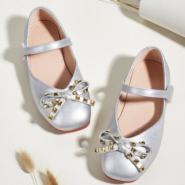 

Toddler Girls Bow Decor Velcro Strap Flats, Silver