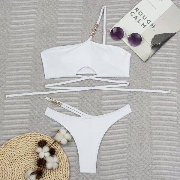 Chain Linked One Shoulder Bikini Swimsuit, White