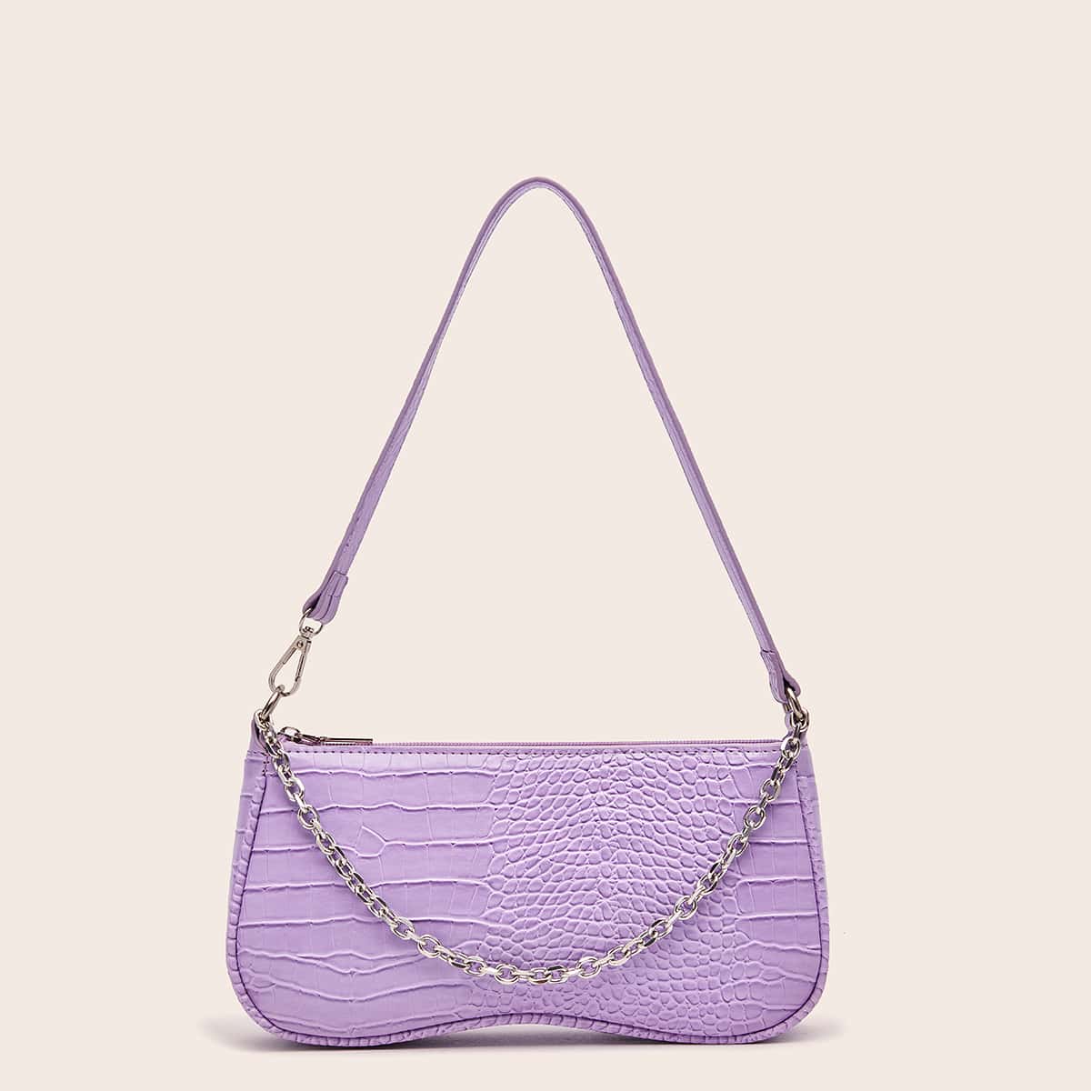 

Croc Embossed Chain Baguette Bag, Purple