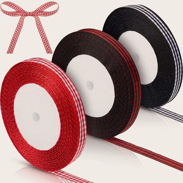 

3pcs Gingham Pattern Wrapping Ribbon, Multicolor