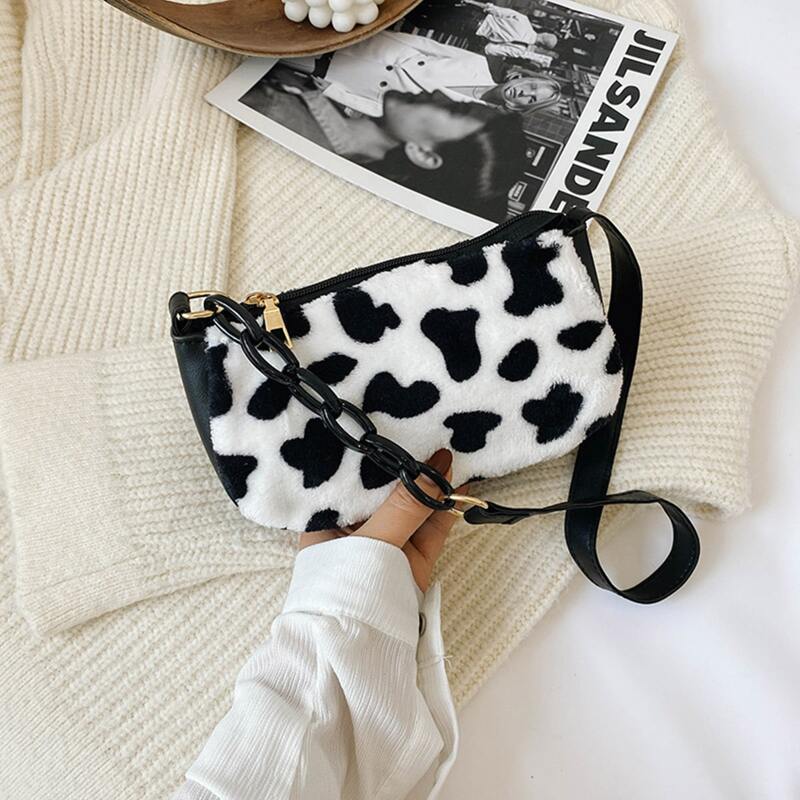 

Cow Print Fluffy Baguette Bag, Black and white