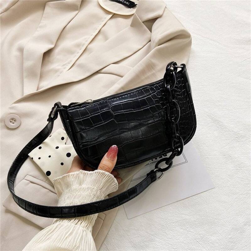 

Croc Embossed Baguette Bag, Black