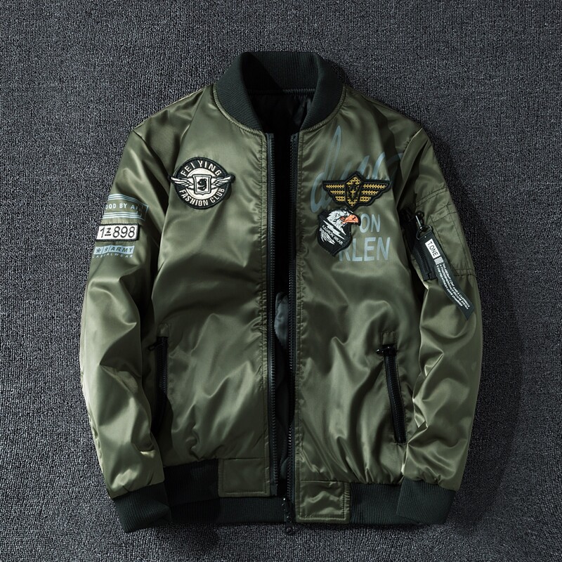 Guys Patched Zip Up Bomber Jacket, Army green