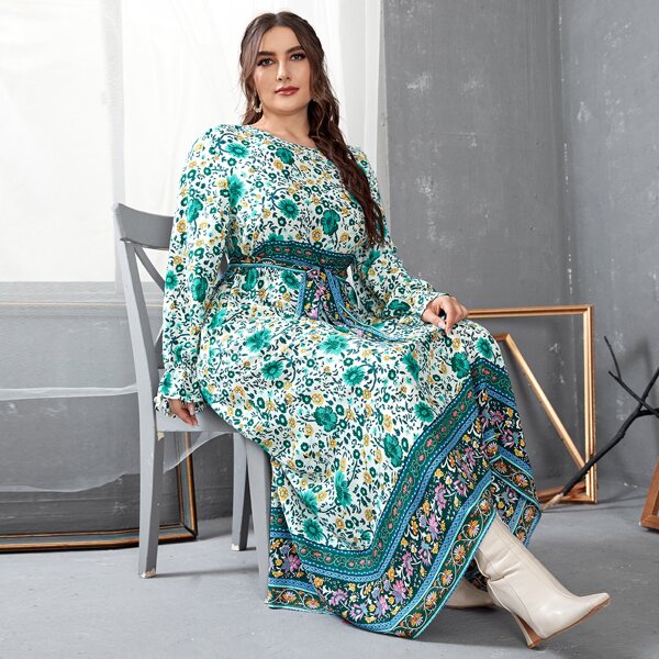 

Plus Floral Print Self Tie Dress, Multicolor