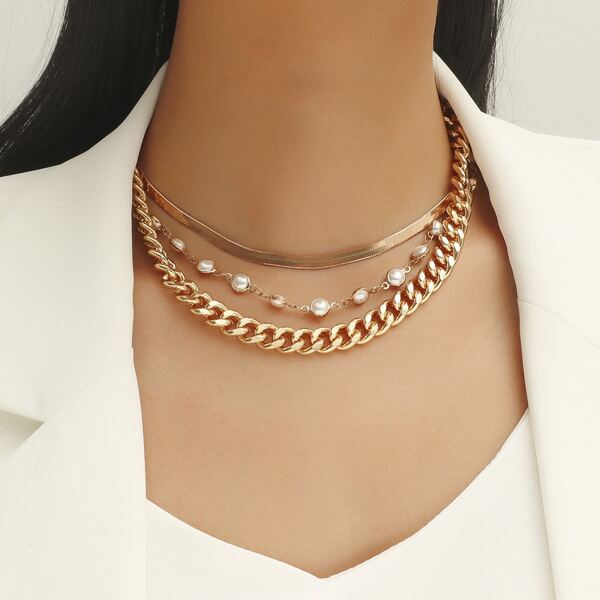 

3pcs Faux Pearl Decor Necklace, Gold