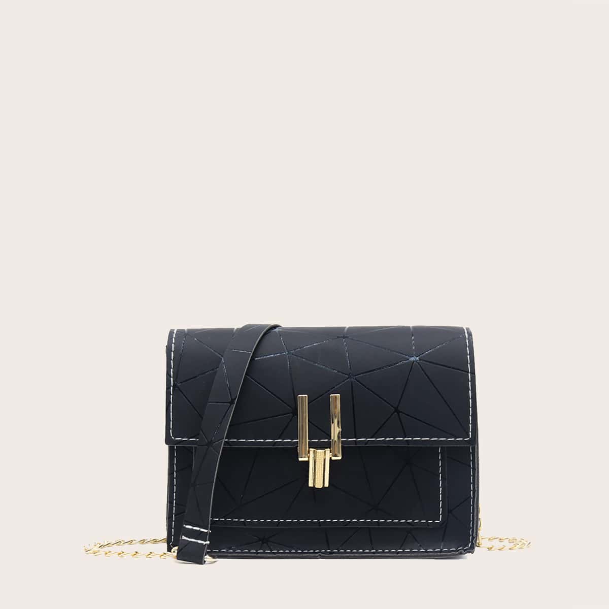 

Geometric Pattern Flap Chain Bag, Black