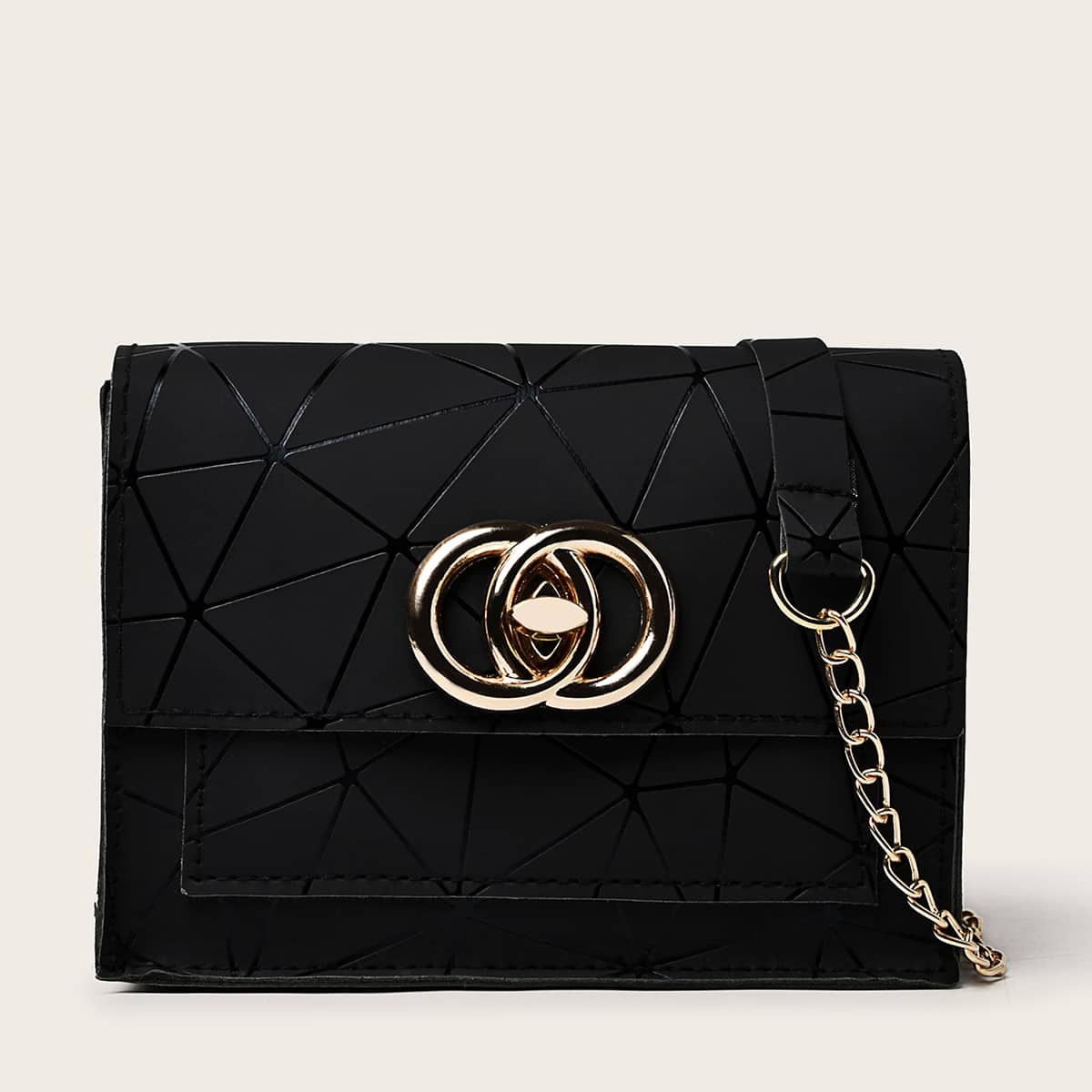 

Geometric Pattern Flap Chain Bag, Black