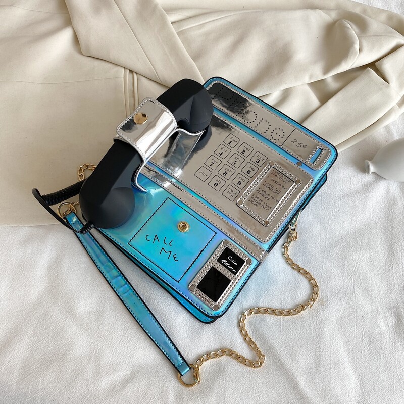 

Landline Phone Shaped Chain Crossbody Bag, Blue