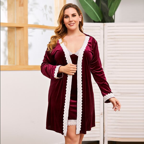 

Plus Velvet Contrast Lace Belted Robe & Cami Nightdress, Burgundy