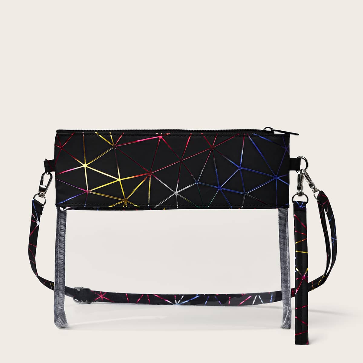 

Holographic Geo Clear Clutch Bag, Black