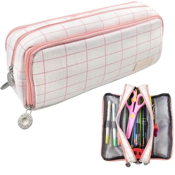 

1pc Plaid Pattern Pencil Bag, White