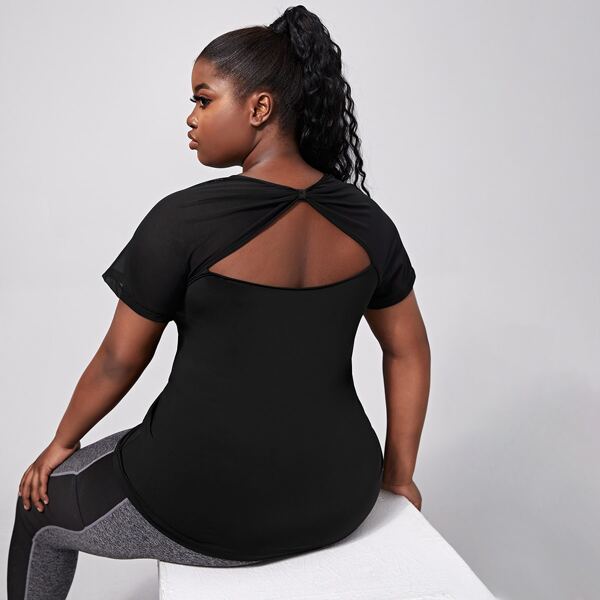 

Plus Solid Cut Out Back Sports Top, Black