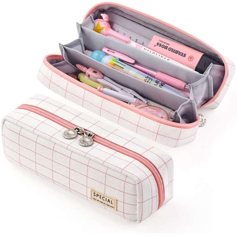 

1pc Plaid Pattern Pencil Bag, Pink