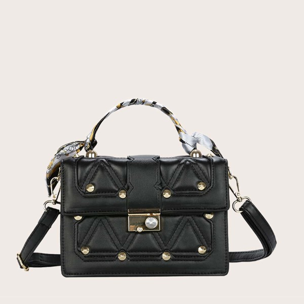 

Twilly Scarf Studded Decor Satchel Bag, Black