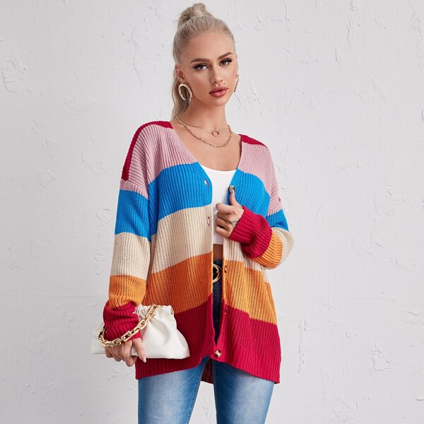 

Single Breasted Drop Shoulder Colorblock Cardigan, Multicolor