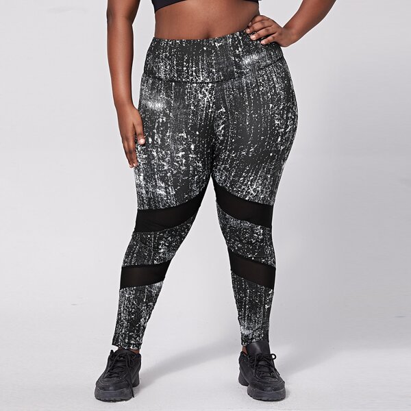 

Plus Marble Print Sports Leggings, Black