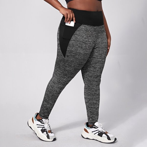 

Plus Contrast Panel Sports Leggings With Phone Pocket, Dark grey