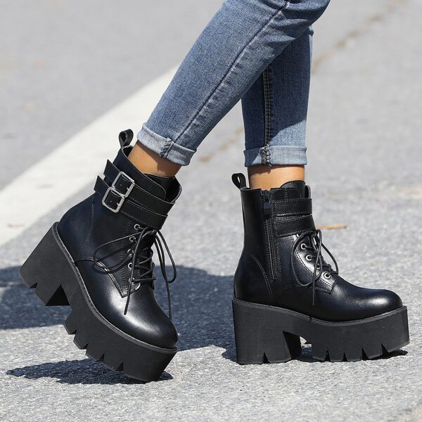 

Buckle Decor Lace-up Front Combat Boots, Black