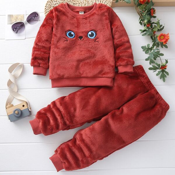 

Toddler Girls Flannel Cartoon Embroidery Sweatshirt With Sweatpants, Red
