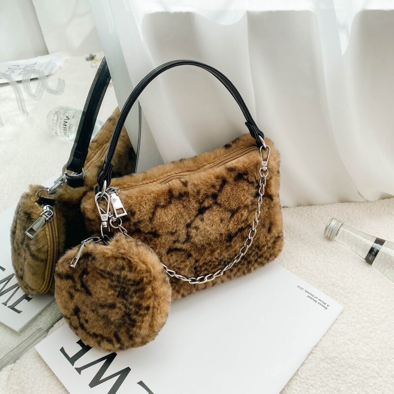 

Fluffy Chain Satchel Bag With Round Purse, Brown