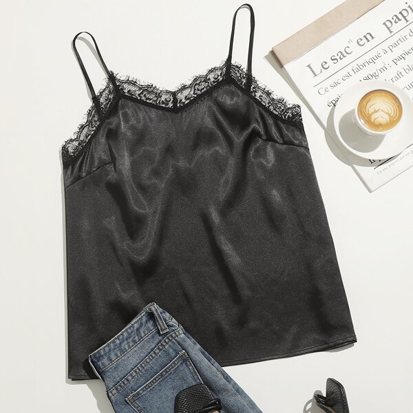 

Plus Lace Trim Satin Cami Top, Black