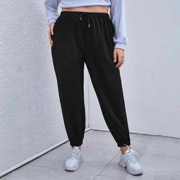 

Plus Drawstring Waist Solid Sweatpants, Black