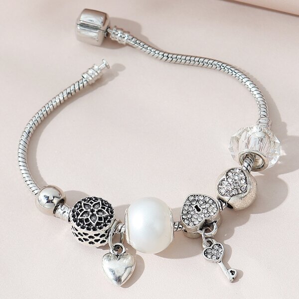 Heart & Rhinestone Detail Bracelet, Silver