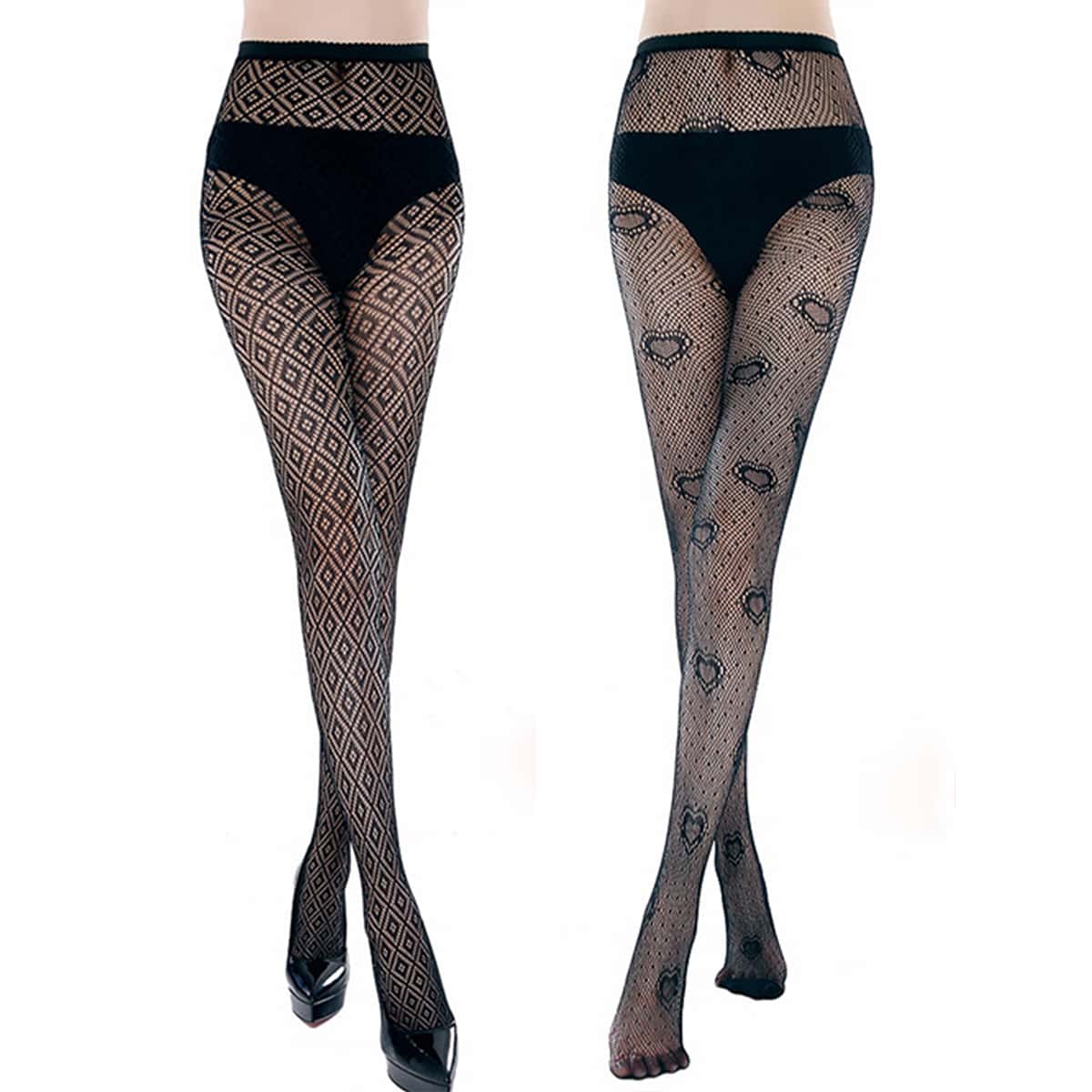

2pcs Geometric & Heart Pattern Mesh Stockings, Black