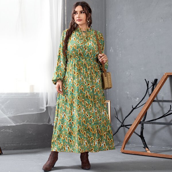 

Plus Tie Neck Paisley Print Maxi Dress, Multicolor
