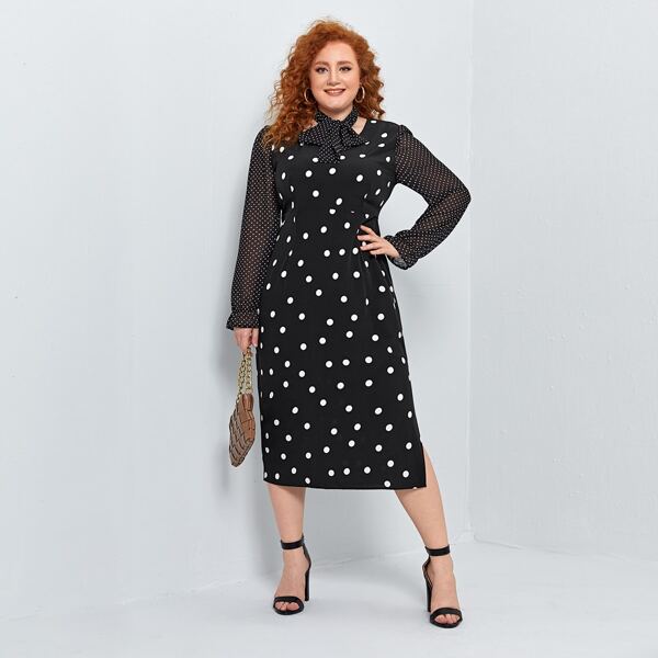 

Plus Polka Dot Flounce Sleeve Split Hem Dress With Removable Tie, Black