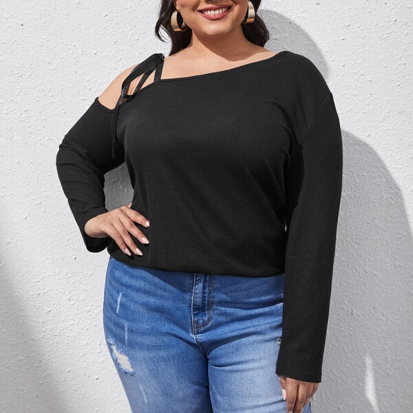 

Plus Tie Shoulder Asymmetrical Neck Waffle Tee, Black
