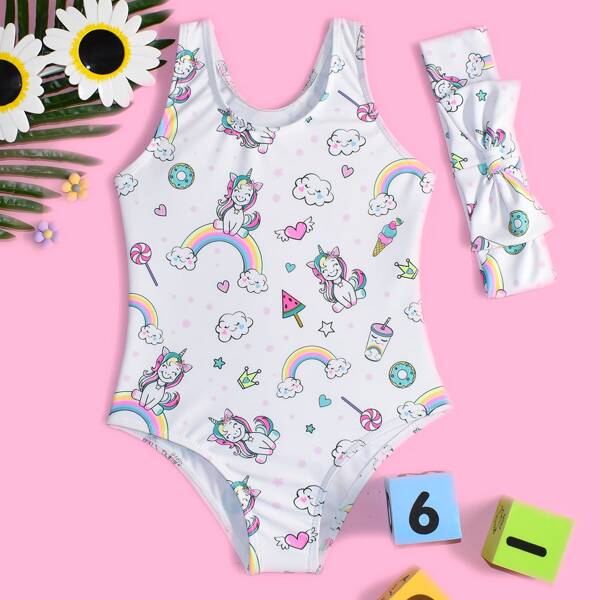 

Toddler Girls Rainbow Unicorn One Piece Swimsuit & Headband, Multicolor