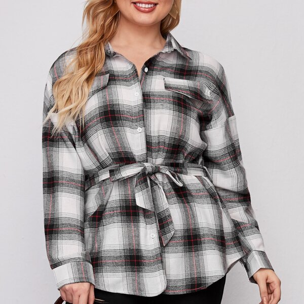 

Plus Curved Hem Plaid Belted Blouse, Multicolor