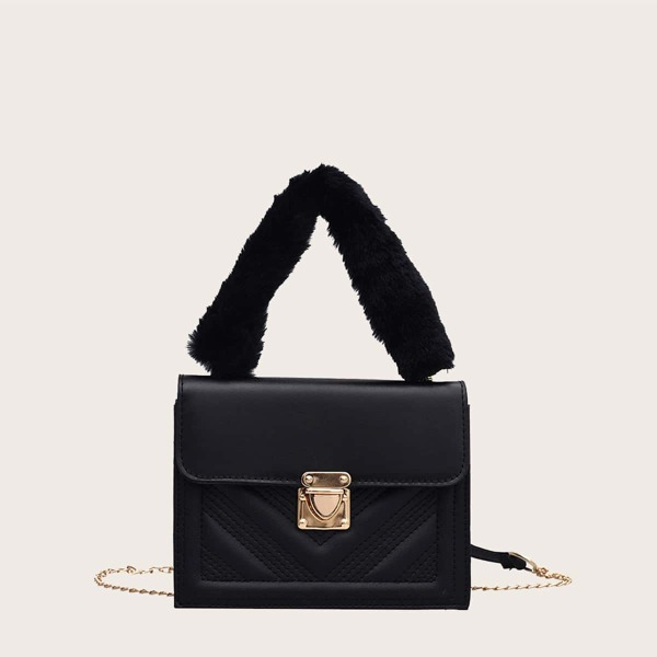 

Push Lock Fluffy Handle Satchel Bag, Black