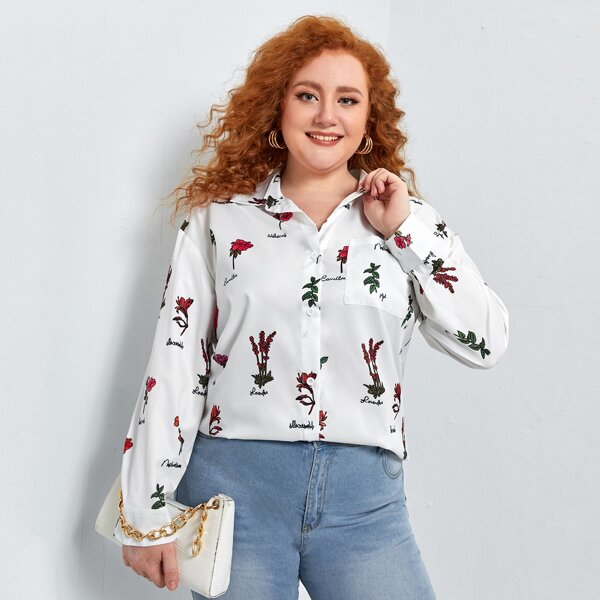 

Plus Floral & Letter Graphic Blouse, White