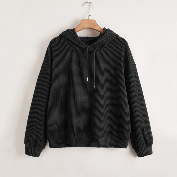 

Plus Waffle Knit Drawstring Hooded Sweatshirt, Black