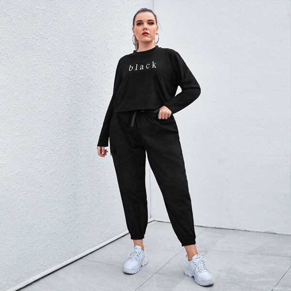 

Plus Mock Neck Letter Graphic Tee & Sweatpants, Black