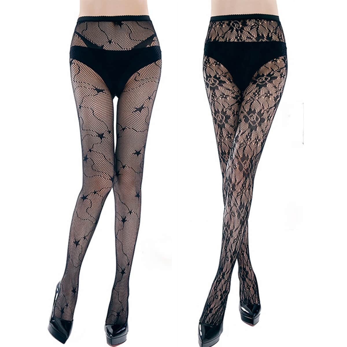 

2pcs Star & Floral Pattern Mesh Stockings, Black