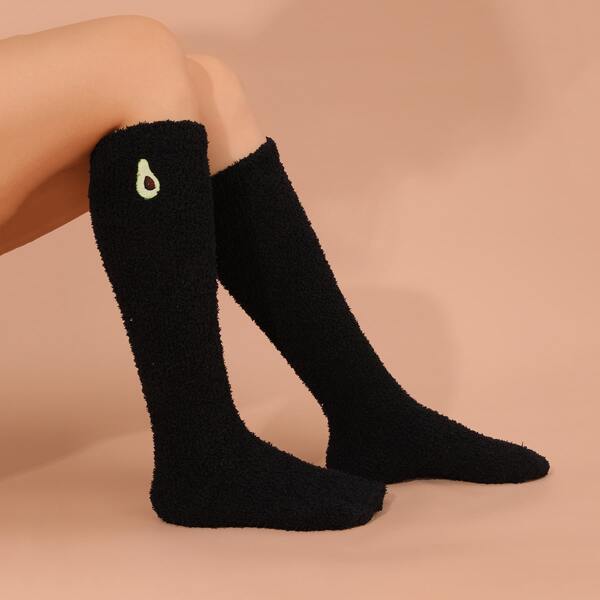 

Embroidery Detail Fuzzy Socks, Black