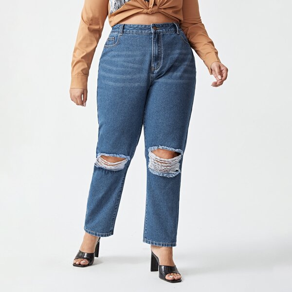 

Plus High Waist Ripped Mom Jeans, Medium wash