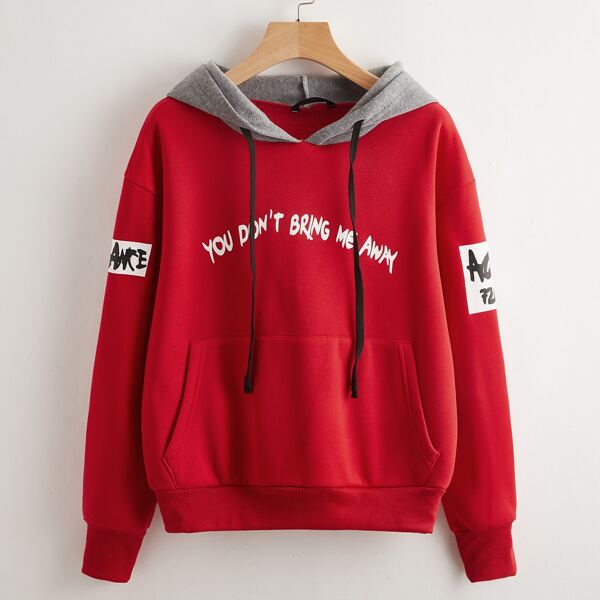 

Plus Slogan Graphic Contrast Hooded Sweatshirt, Red