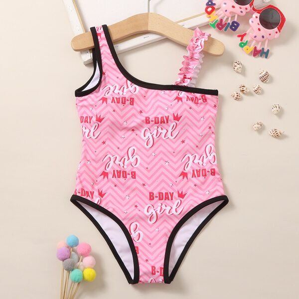 

Girls Letter & Chevron Print One Piece Swimsuit, Pink