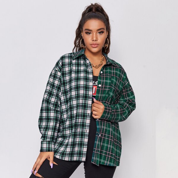 

Plus Tartan Spliced Drop Shoulder Blouse, Green