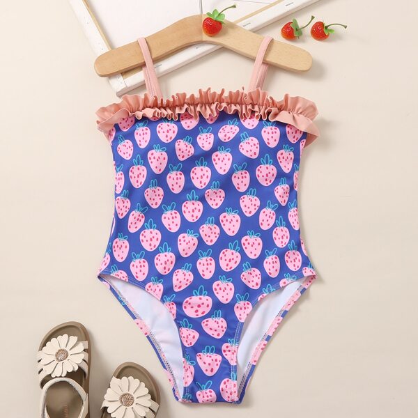 

Girls Strawberry Print Frill One Piece Swimsuit, Multicolor
