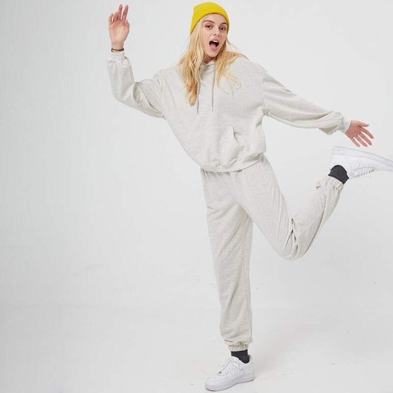 

Solid Kangaroo Pocket Drawstring Hoodie & Sweatpants, Light grey