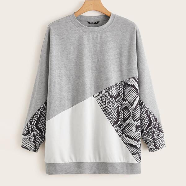 

Plus Snakeskin Colorblock Drop Shoulder Sweatshirt, Multicolor