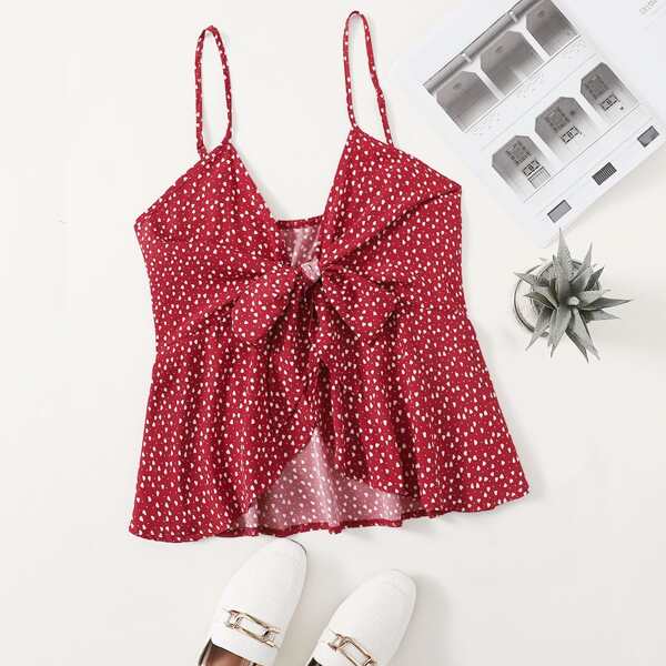 

Plus Tie Front Confetti Heart Print Cami Top, Red